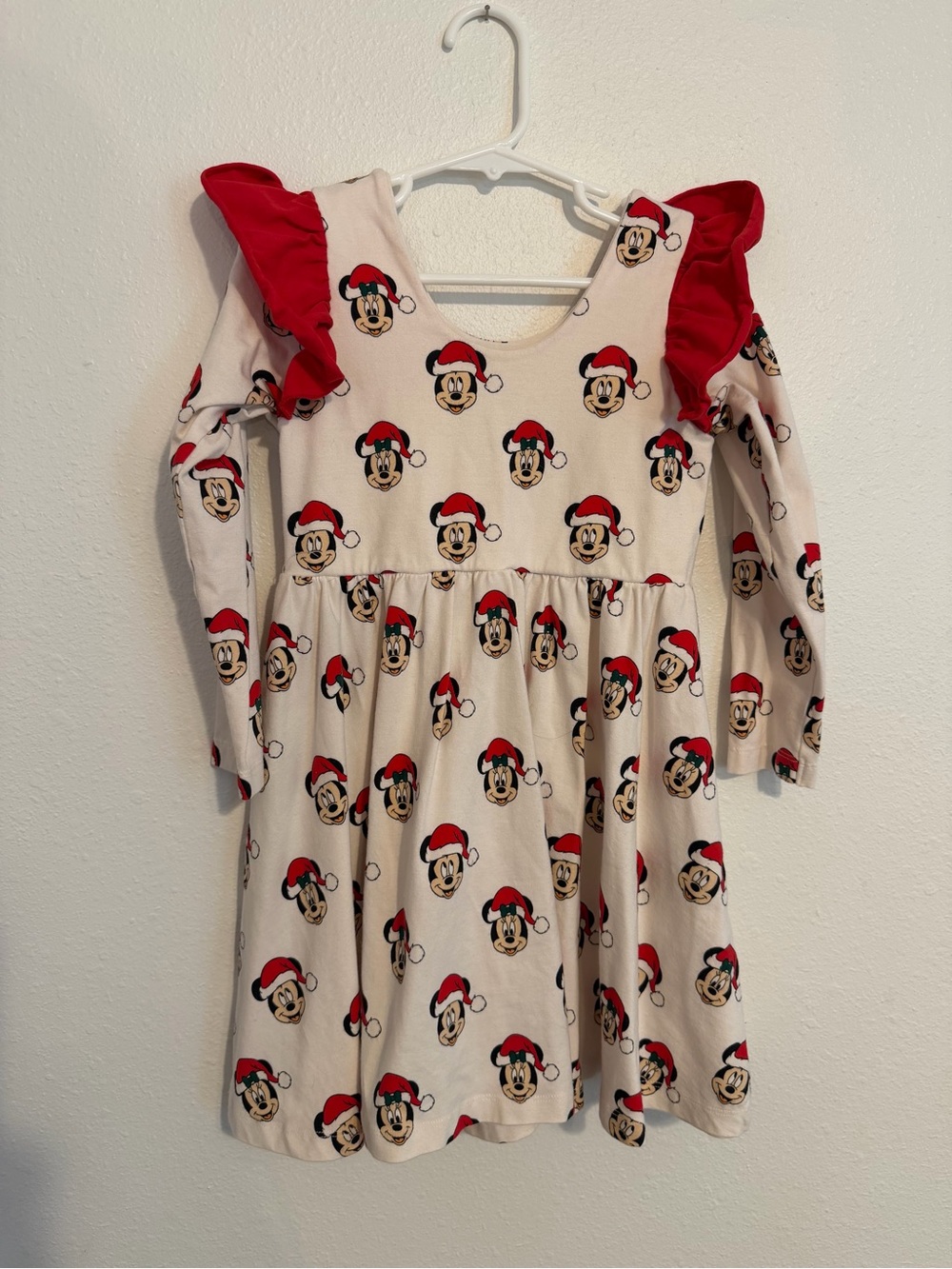 Disney Beige Minnie Mouse Holiday Dress with Red Ruffle Shoulders